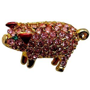Gold-Tone Pig Brooch With Pink Rhinestones & Red Ears 1 Inches